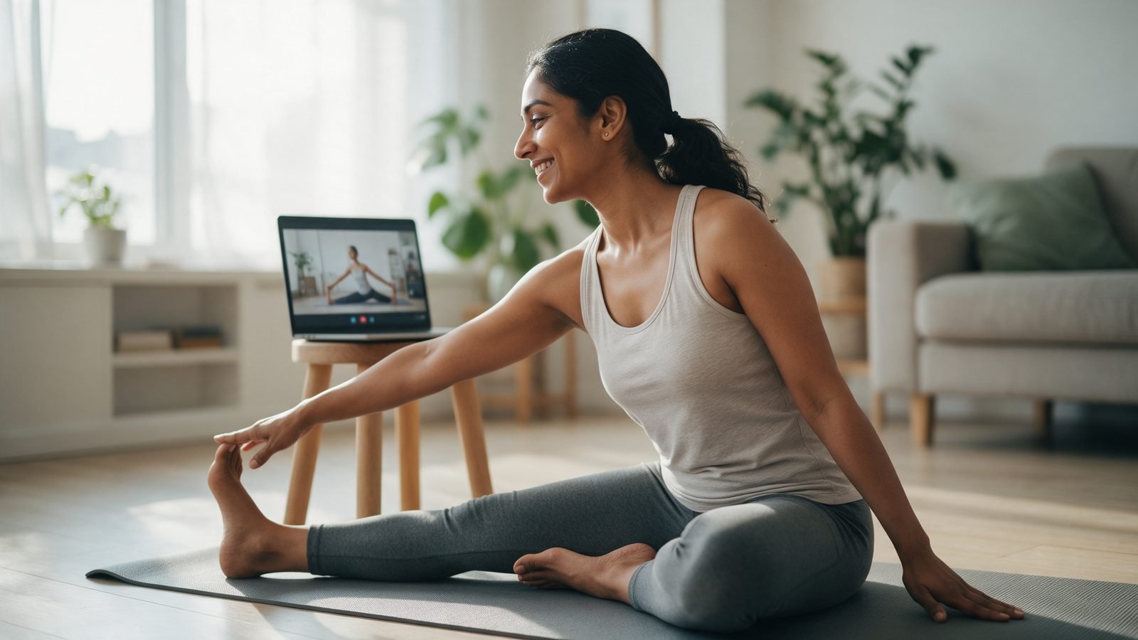 Woman stretching at home while following a live online yoga class